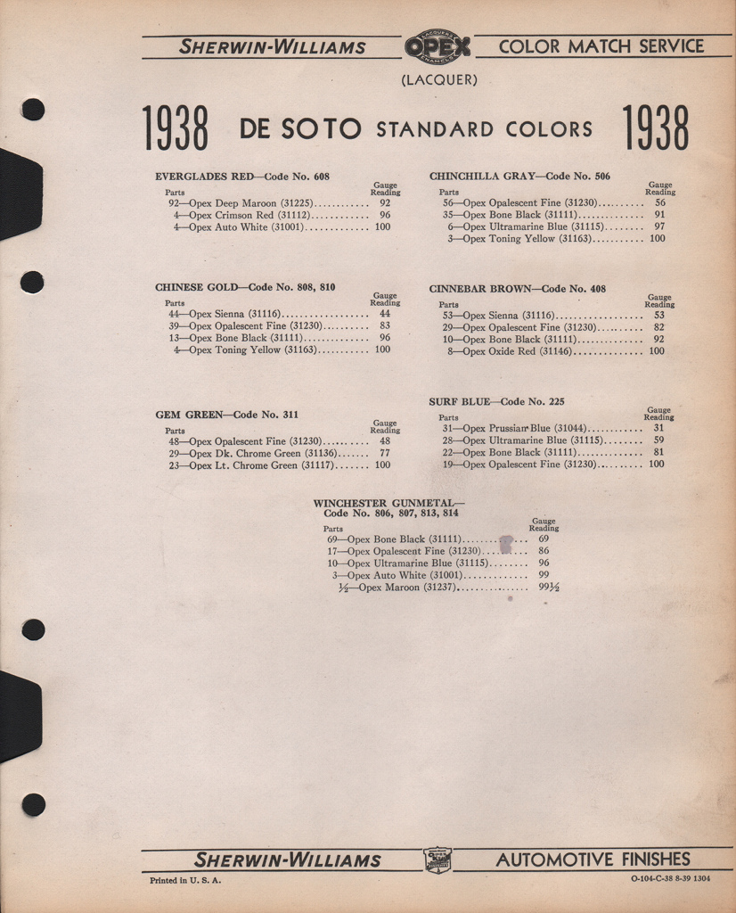 1938 DeSoto Paint Charts Williams 3